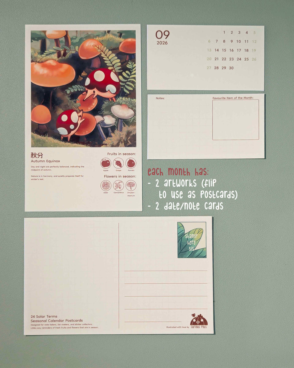 24 Solar Terms 2026 Calendar with wooden stand and postcards