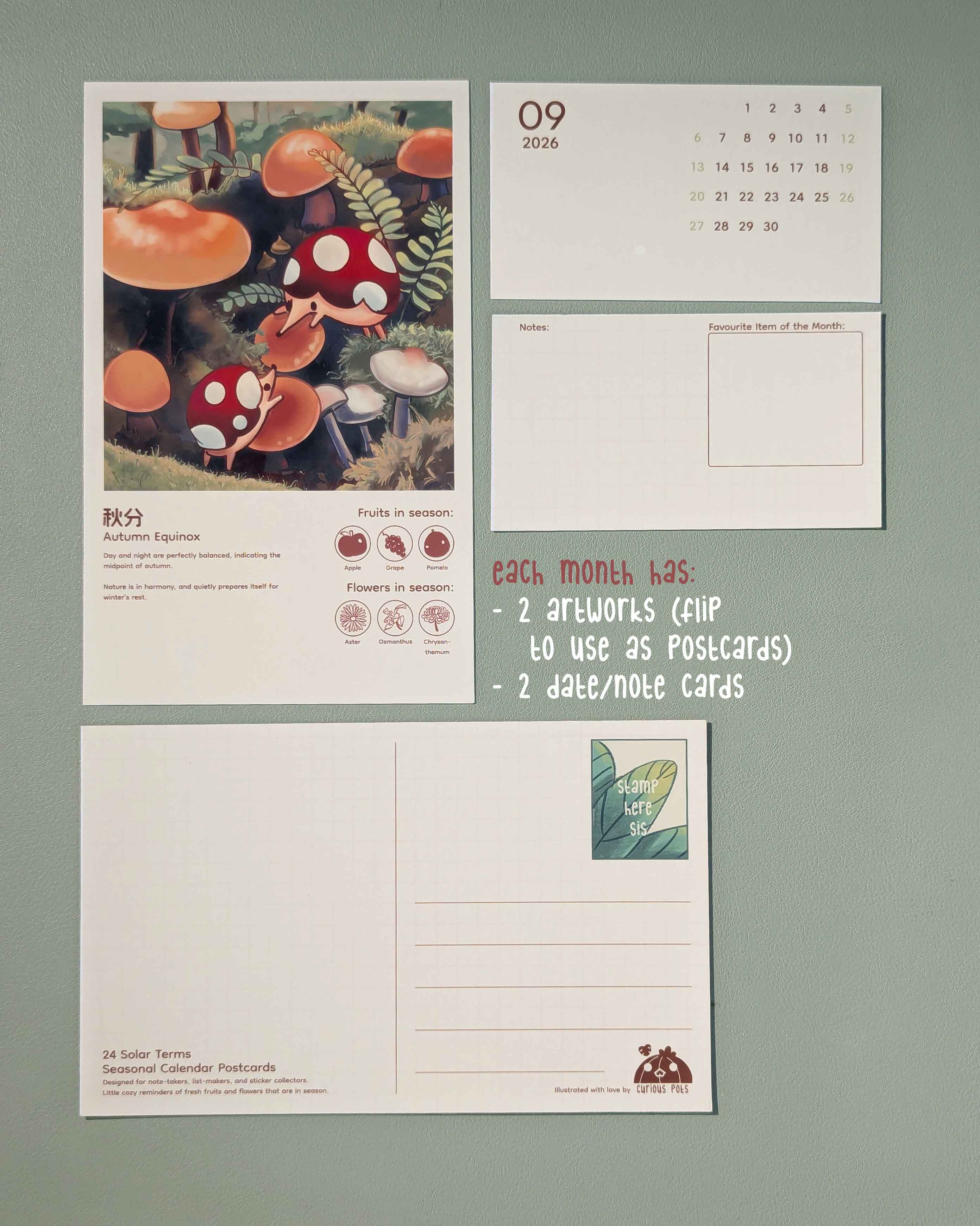 24 Solar Terms 2026 Calendar with wooden stand and postcards