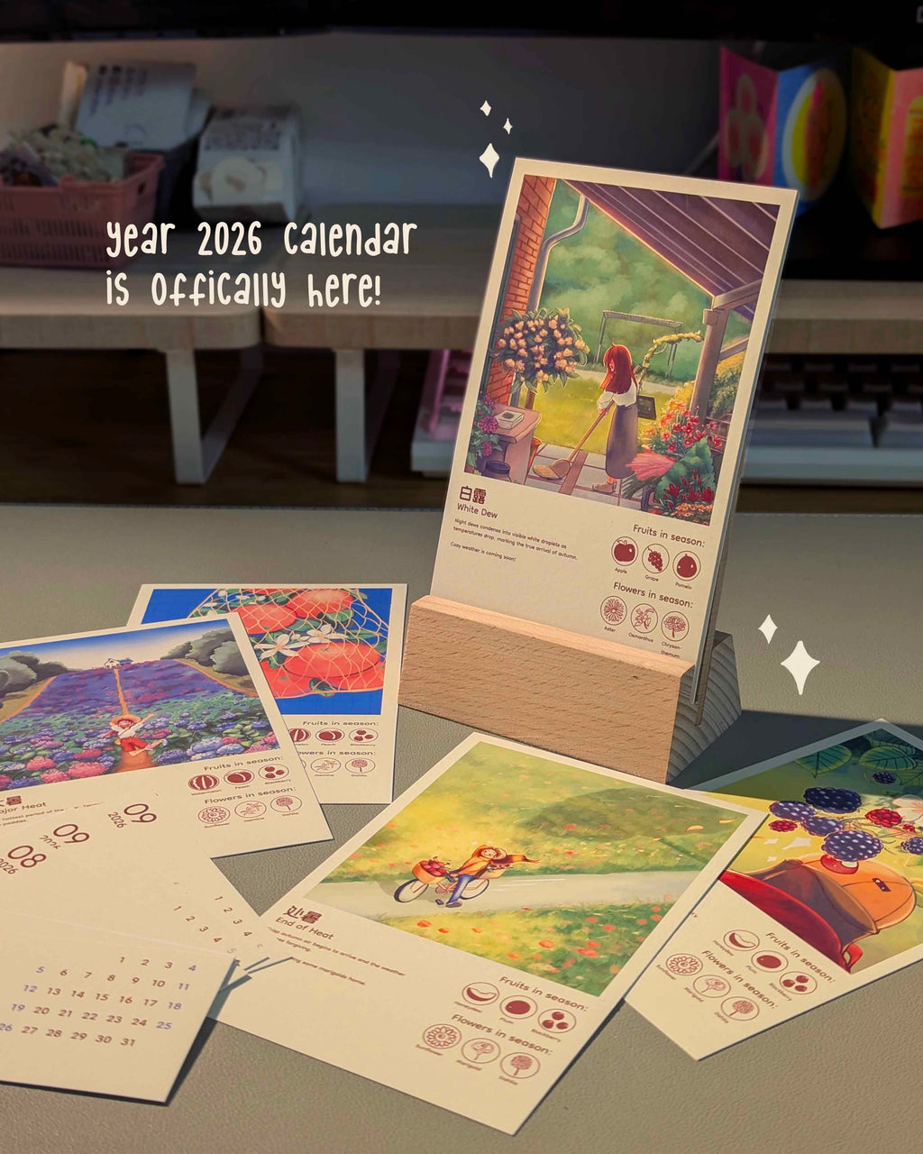 24 Solar Terms 2026 Calendar with wooden stand and postcards