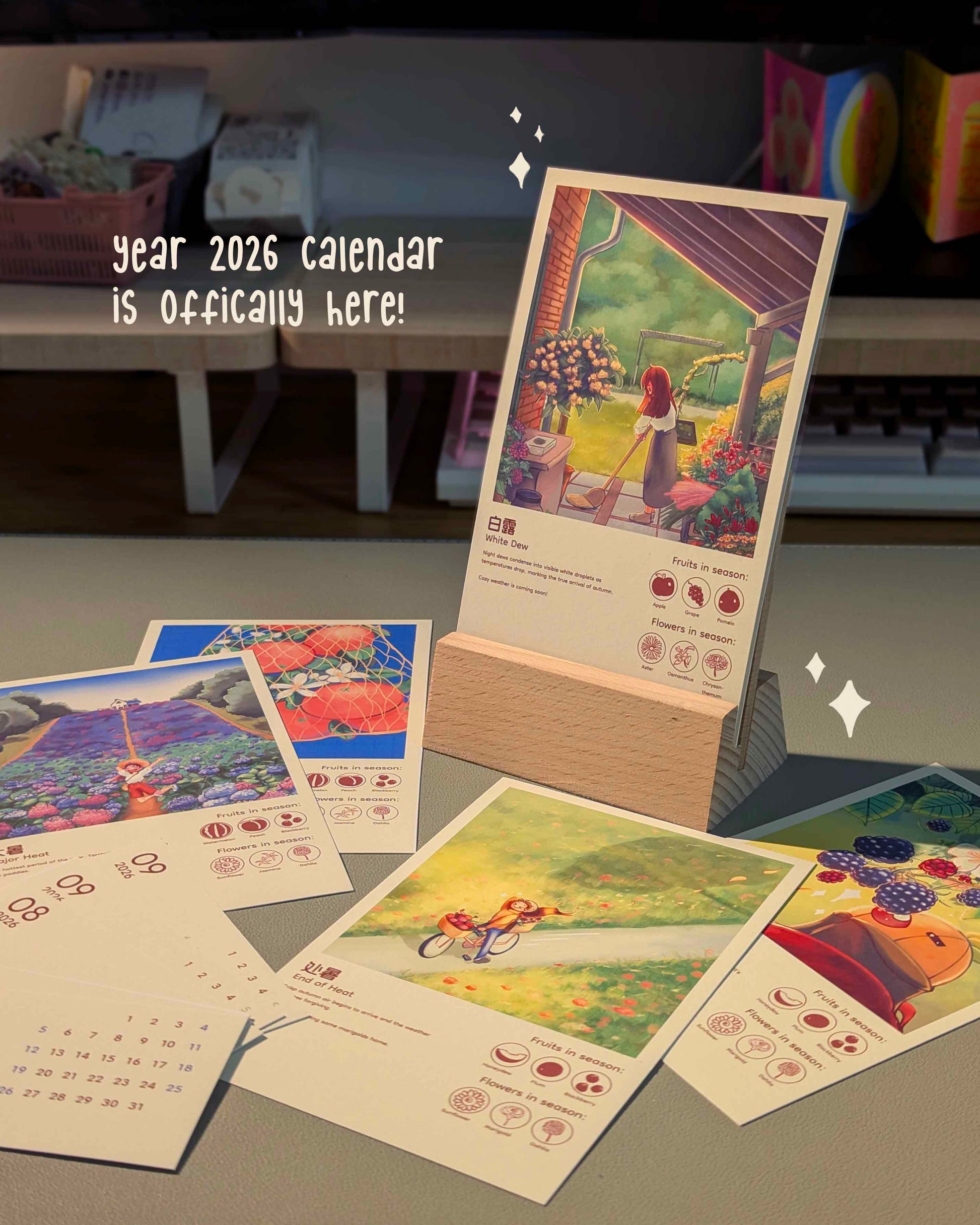 24 Solar Terms 2026 Calendar with wooden stand and postcards