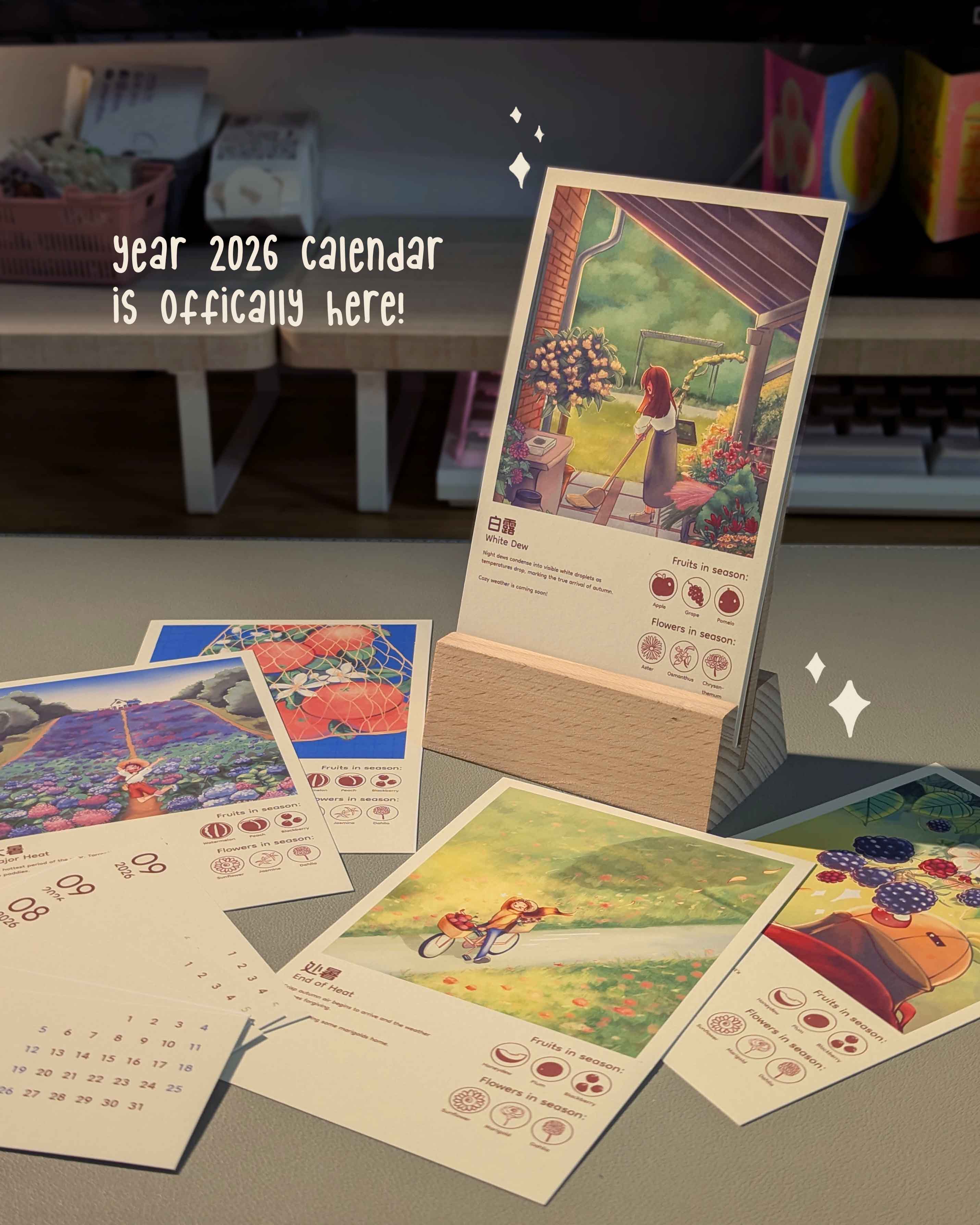 24 Solar Terms 2026 Calendar with wooden stand and postcards
